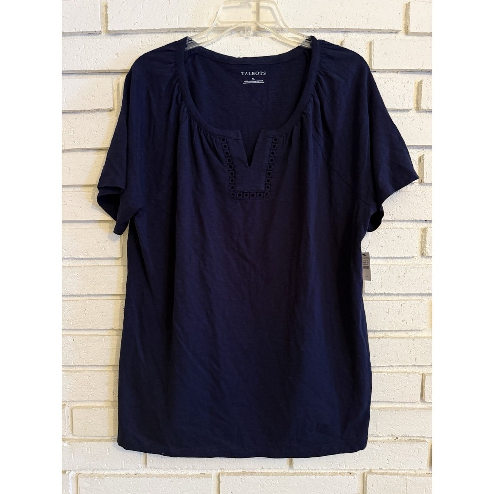 Talbots Blue Cotton Slub Tee Eyelet Split Neck Short Sleeve Top Womens Sz XL NEW